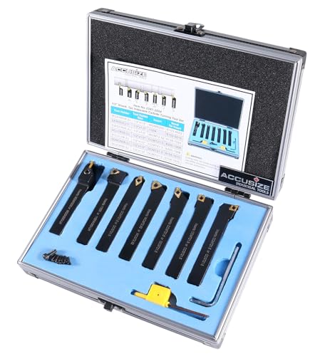 Accusize Industrial Tools 7-Ps Indexable Carbide Turning Tool Set, 1/2" Shank, C6 Grade TiN Coated Inserts, in Fitted Aluminum Case, 2387-2004 - size: 7 Pcs/Set
