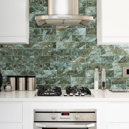 AULIGET 40-Piece Polished Green Marble with Gold Peel and Stick Backsplash Wall Tiles, 3" x 12" PVC Faux Stone Stick on Tiles for Backsplash Kitchen, Bathroom, Laundry Room, Camper, Fireplace - color: Polished Green Marble & Gold, size: 40 Pieces, 3"x12"x