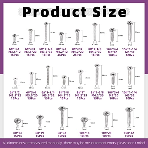 Swpeet 325Pcs 3 Types #6#8#10 SAE 304 Stainless Steel Round Pan Head and Phillips Flat Head Self Tapping Sheet Metal Screws Wood Screws with 410 Stainless Steel Truss Head Fast Self Tapping Screws