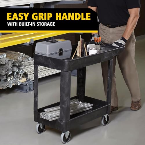 Rubbermaid Commercial Products 2-Shelf Utility/Service Cart, Small, Lipped Shelves, Storage Handle, 500 lbs. Capacity, for Warehouse/Garage/Cleaning/Manufacturing - color: Black, size: Small