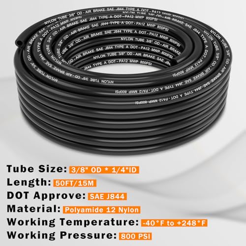 CheeMuii 50FT 3/8" DOT Air Line 3/8 Air Hose PA12 Nylon Pneumatic Tubing - color: Black, size: 3/8"OD-50FT