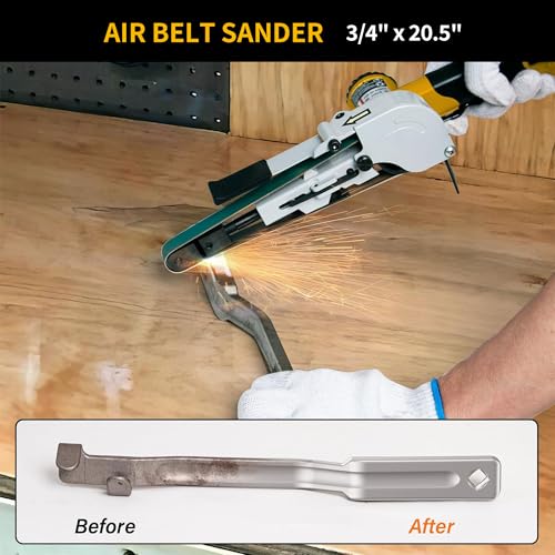 3/4" x 20.5" Pneumatic Belt Sander, Mini Air Angle Grinder for Metal/Wood Sanding & Polishing, 180° Rotatable Handheld Tool with 2 Abrasive Belts (80/100 Grit) — High-Vis Yellow