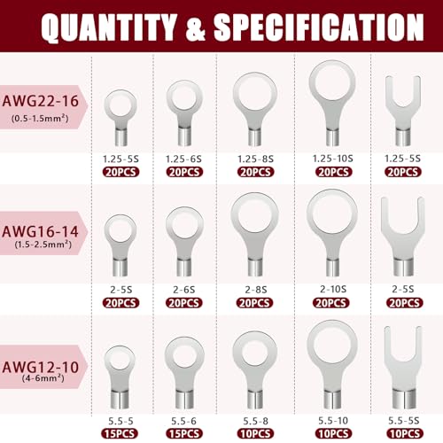 Twidec/260PCS Copper Ring Fork Terminals AWG 22-16 16-14 12-10 Non-Insulated Wire Connectors Kit Fork Ring Terminals of Tinned Red Copper Wire Crimp Connectors N-085-260PCS