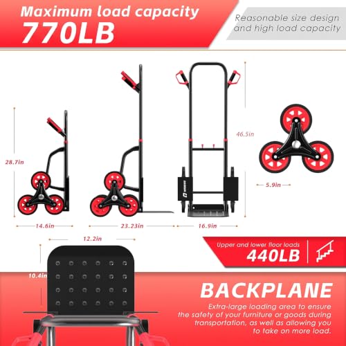 Stair Climbing Hand Truck 770lb,Heavy Duty Dolly Cart for Stairs,Thickened Upgraded Steel Tube Folding Stair Climbing Trolley with Six Wheels and Telescoping Handle - color: Red+black