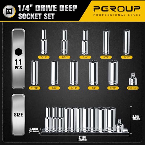 1/4” Drive SAE Socket Set, 11PCS Deep Hex Socket Set (3/16”-9/16”), Cover Most Commonly Sizes, Chrome Vanadium Steel with 3/8”F to 1/4”M Socket Adapter - size: 1/4-6PT-11PC