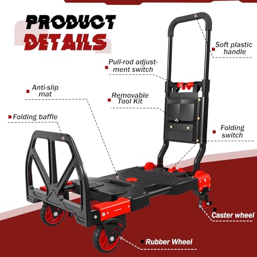 Folding Hand Truck, 2 in 1 Portable Heavy Duty Carrying Moving Dolly Cart with 4 Foldable Wheels and Retractable Handle Duty 330lbs (Red with Folding Basket) - color: Red-b