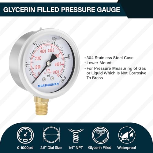 MEASUREMAN 2-1/2inch Dial Size, Liquid Filled Pressure Gauge, 0-1000psi/7000kpa, 304 Stainless Steel Case, 1/4inchNPT Lower Mount - size: 0-1000 psi, style: Lower Mount