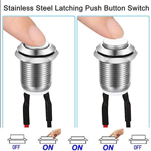 Gebildet 3 Pcs 12mm Prewired High Head Waterproof Push Button Latching 2A 12V/24V/125V/250V AC Self-Locking Stainless Steel Push Button On Off - color: SS-Latching