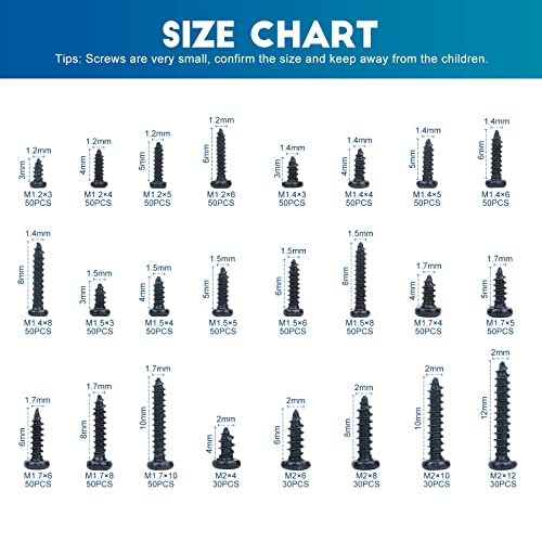 NINDEJIN Miniature Phillips Flat Head Tapping Screws, M1.2 M1.4 M1.5 M1.7 M2 / M2.3 M2.6 M3 Countersunk Repair Screws Assortment Set, Black Self-Tapping Electronic Screw (1100PCS/450PCS) (Black 1100) - color: Black 1100