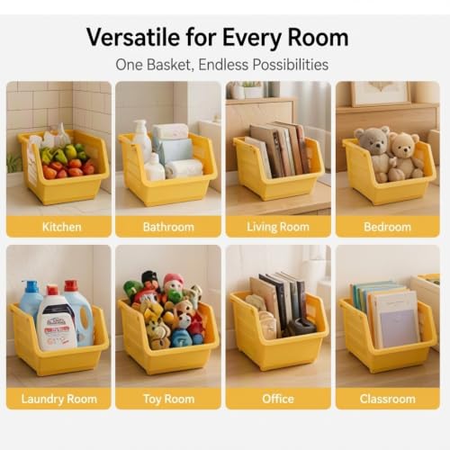 4 Pcs Open Front Stackable Storage Bins, PP Stacking Organizer Baskets with Rolling Wheels, Telescopic Buckles, Nestable, 38.58lbs Load - color: Yellow