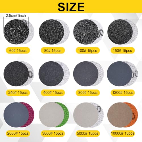 191PCS 1 Inch Sanding Discs Hook and Loop 60 to 10000 Wet Dry Sandpaper Micro Sanding and Polishing Set with 2PCS 1/8" Shank, Backing Pad, Polishing Pads, Foam Pads for Metal Glass Resin Wood