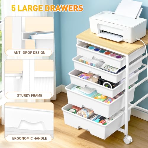 SUNALLY Rolling Carts With 5 Drawers, Storage Drawer Carts for Craft, White - color: White
