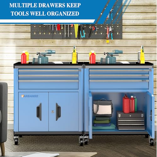 LARBANKE Rolling Tool Chest with Lock&Keys,360° Wheels and Drawer Liners,Tool Cabinet with 3 Drawers&2 Doors,Tool Cabinet Equipped with Connecting Rods for Stacking with 5&7-Drawer Chest - color: Blue, size: 3 drawer and double-door tool chest