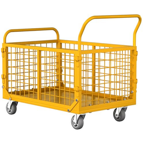 YOHKOH 5-in-1 Heavy-Duty Folding Platform Truck Cart with Removable Cage - 1800lbs Load, Mesh Panel Utility Dolly/Flatbed/U-Boat/Dolly, Commercial Grade Hand Truck (Yellow) - color: Yellow, size: 5-in-1 Cart