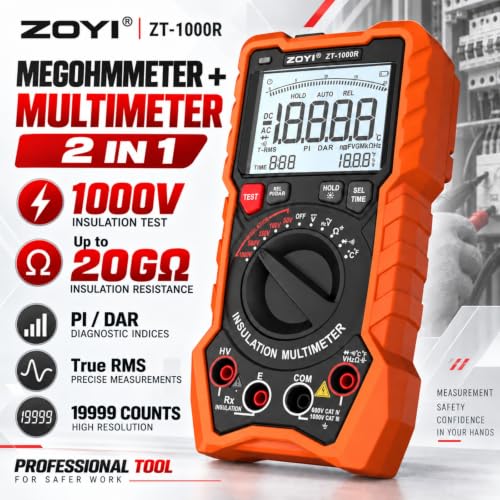 ZOYI ZT-1000R 2 in 1 Megohmmeter Multimeter, 50V/100V/250V/500V/1000V 5 Gear with DAR&PI, Insulation Resistance up to 20GΩ, 19999 Counts Auto Range T-RMS, V,Ω,C,FREQ,Temp, Diode,Continuity Tester