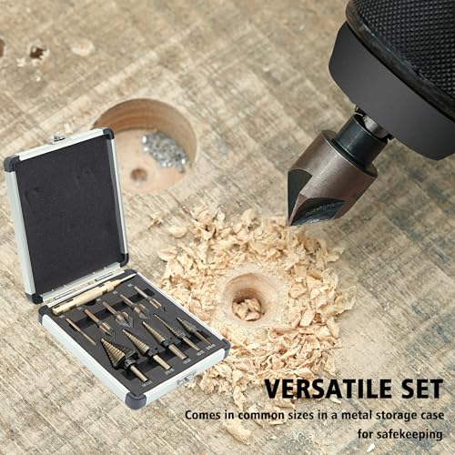 GMTOOLS 5Pcs Step Drill Bit & 5Pcs Countersink Drill Bit Set, Titanium Coated, 50 Sizes of Step Bit for Metal with Aluminum Case, Multiple Hole Stepped Up Bits for DIY - style: 11PCS