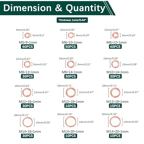 350 PCS, Premium Copper Metric Sealing Crush Washers Assortment Kit, Enhanced Flat Ring Oil Drain Plug Crush Washer Gasket Seal Set, Banjo Bolt Washers for Automotive, Motorcycles (10 Size) - color: Copper Washers - Metric - 350 Pcs