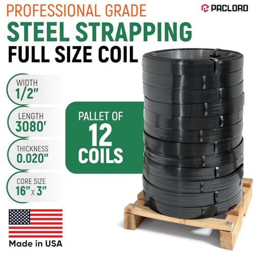 1/2" x 3080' Heavy-Duty Steel Strapping, Pallet of 12 Coils, 0.020" Thick, 1180 Lbs Break Strength, 16" x 3" Core - Pallet Metal Banding - Approved for UPS, Railroad Shipments - size: 12 Coils (Pallet)