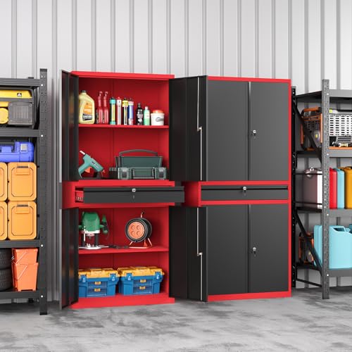 Metal Garage Storage Cabinet with Locking Doors and Drawer, 71" Steel Tool Storage Cabinet with Adjustable Shelves for Garage,Office,Warehouse (Red Black) - color: Black Red, size: 71"H x 31.5"W x 15.7"D - A