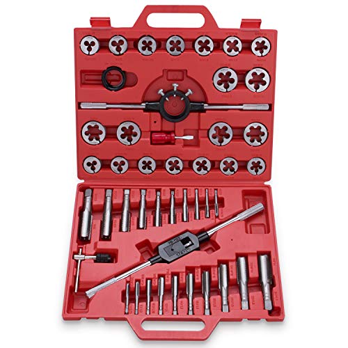 45-Piece Premium Large Size Tap and Die Set - SAE 1/4, 5/16, 3/8, 7/16, 1/2, 9/16, 5/8, 3/4, 7/8, 1”, Both Coarse and Fine Teeth | Essential Threading and Rethreading Tool with Handle Wrench and Case - style: Inch