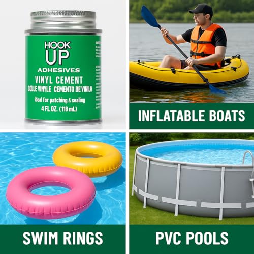 HOOK UP Vinyl Cement – Waterproof Pool Liner Repair Glue for Vinyl & PVC, Fast-Drying Flexible Contact Cement for Inflatables, Air Mattresses, Boats, Tarps, Hot Tubs & Pool Patch Repairs (1 oz) - size: 1 oz