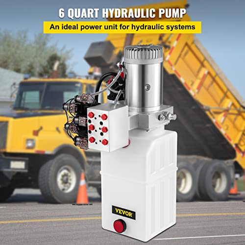 VEVOR Hydraulic Power Unit 6 Quart 6 Way Hydraulic Pump Double Acting Hydraulic Power Unit 12V DC Dump Trailer Car Remote with Plastic Oil Reservoir (Plastic, Double Acting)