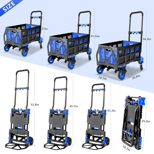 2-in-1 Hand Truck Dolly with Folding Basket, 330LB Heavy Duty Carrying Portable Handtruck, Folding Hand Dolly with 4 Wheels&Retractable Handle for Moving, Luggage, Shopping, Office - color: C-blue