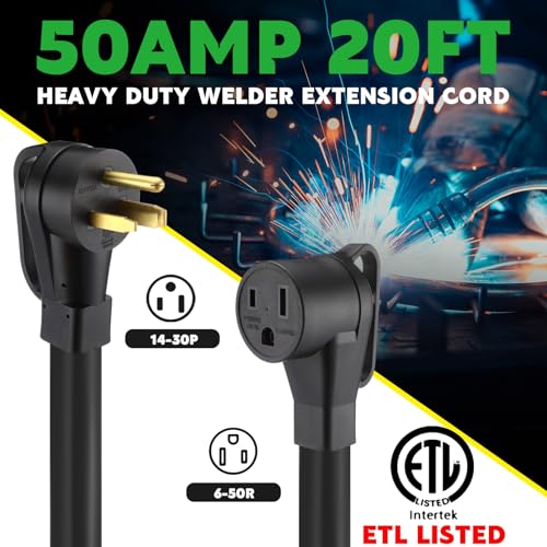 Kanayu 20FT 50Amp 6AWG NEMA 6-50P to 6-50R Welder Extension Cord 50Amp Power Extension for Welding Machines 50A 250Volt 3-Prong 6 Gauge Heavy Duty Welding Cable, ETL Listed - color: Black, size: 20 ft