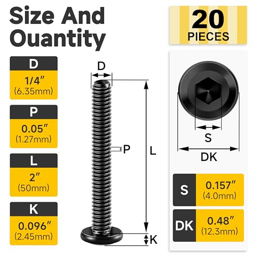 20Pcs 1/4 Bolts, 1/4-20 x 2 Flat Head Hex Socket Head Cap Screw Bolts, 1/4 Screws 304 Stainless Steel Furniture Screws Full Thread, Black Oxide & Hex Spanner by Mywish - size: 1/4-20 x 2"