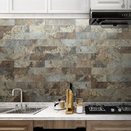 AULIGET 40-Piece Beige & Brown Slate Peel and Stick Backsplash Wall Tiles, 3" x 12" PVC Faux Stone Stick on Tiles for Backsplash Kitchen, Bathroom, Laundry Room, Camper, Fireplace - color: Beige & Brown Slate, size: 40 Pieces, 3"x12"x0.12"