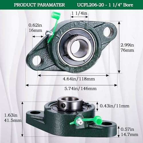 Pillow Block Bearing 1 1/4 inch Shaft Bore, Flange Mounted UCFL206-20, Solid Cast Iron Base, Swamp Cooler Parts, Self-Aligning, 2Pack - size: UCFL-206-20