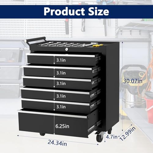 GarveeHome 6-Drawer Tool Chest, Rolling Tool Box with Wheels and Lock System, Portable Storage Rolling Tool Chest for Warehouse, Workshop & Repair Shop, Black