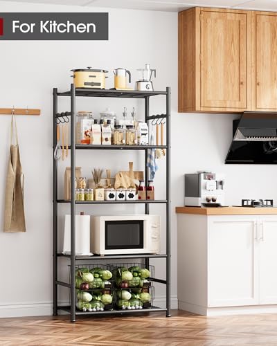 Sakugi Storage Shelves - 5-Tier Large Capacity Shelf Organizer with Hooks, Heavy-Duty Garage Shelving with Leveling Feet, Wobble-Free Rack for Bedroom, Balcony, Garage, 23.6"×13.7"×59", White - color: Black, size: 23.6W×13.7D×59.0H(5T)