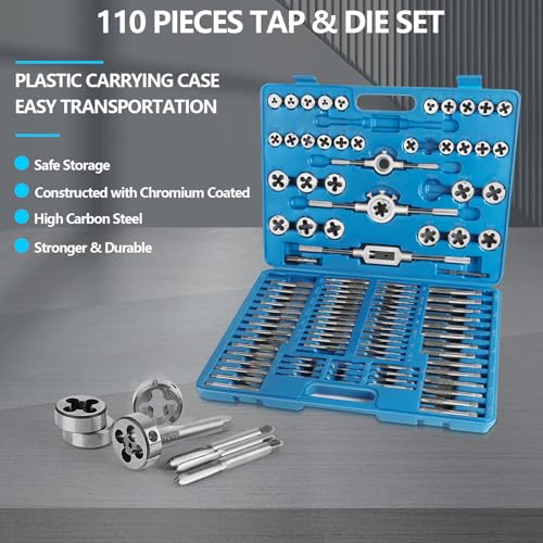 110PCS Metric Tap and Die Set, Metric Size M2-M18 Rethreading Kit