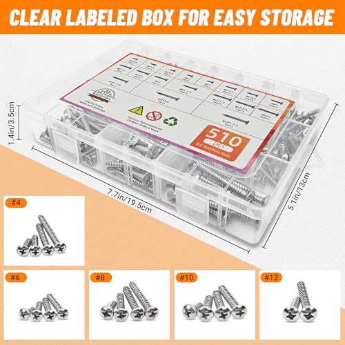 510 PSC Stainless Steel Screw Assortment Kit - #4#6#8#10#12 Phillips Pan Head, Self-Tapping for Wood & Metal - size: 510PCS Silver