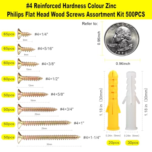 #4 Wood Screws Assortment Kit, Small Screws Set 500pcs, Short Cabinet Screws, Phillips Flat Head Self-Tapping Screws, Carbon Steel, Yellow Zinc Plated Finish, Contains 50pcs M6 Screw Anchors - color: Yellow, size: #4-500pcs