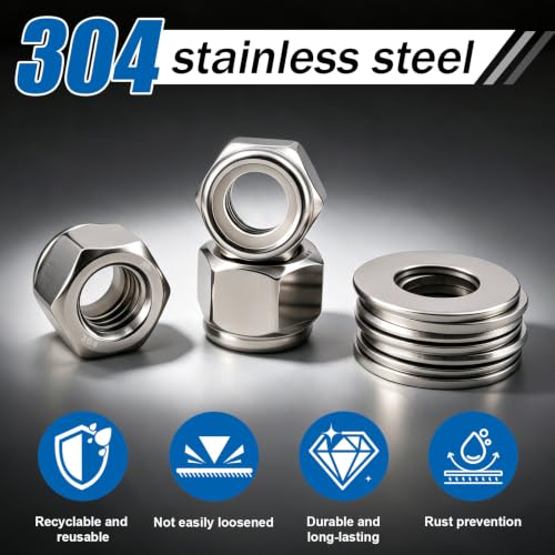 3/8-16 Lock Nut 96Pcs Stainless Steel Nylock Locking Nuts with Washers - size: locknuts-3/8" 96pcs