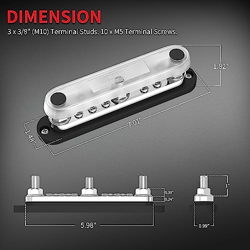 DaierTek 300A Copper Bus Bar 12V, Power Distribution Block with Cover 3 x 3/8” M10 Studs & 10 x M5 Terminal Screws for Car Marine Solar Battery Negative & Positive - color: BB300-T3M10S10-C-RB