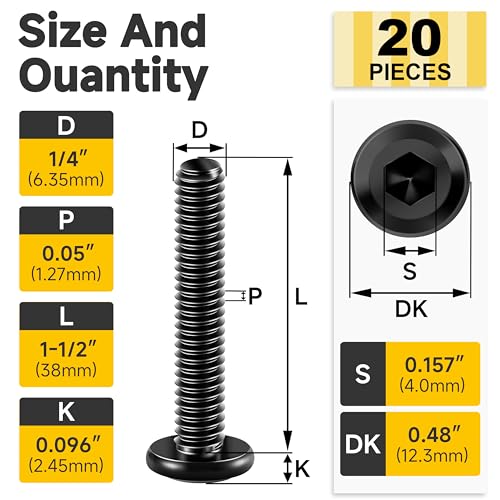 20Pcs 1/4 Bolts, 1/4-20 x 1-1/2" Flat Head Hex Socket Head Cap Screw Bolts, 1/4 Screws 304 Stainless Steel Furniture Screws Full Thread, Black Oxide & Hex Spanner by Mywish - size: 1/4-20 x 1-1/2"