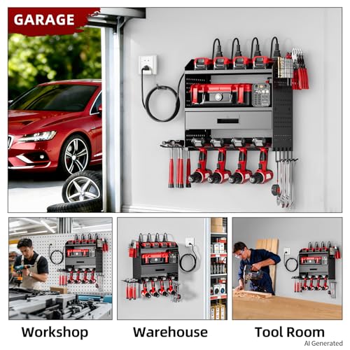 Power Tool Organizer Wall Mount with Charging Station & Drawers - size: Small