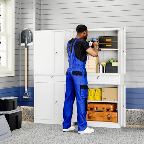 Yizosh Metal Garage Storage Cabinet with Locking Doors and Adjustable Shelves, 71" Tool Storage Cabinet with 1 Drawer for Garage,Office,Warehouse (White) - color: White, size: 1 Drawer - 71"H
