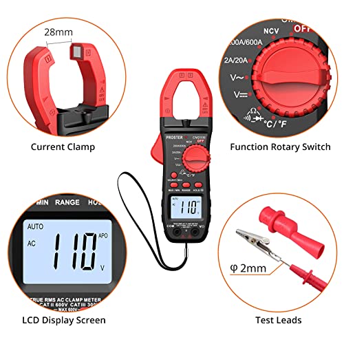 Proster Clamp Meter 2000 Counts TRMS, AC Current Clamp Multimeter - color: Red, size: 2000Counts