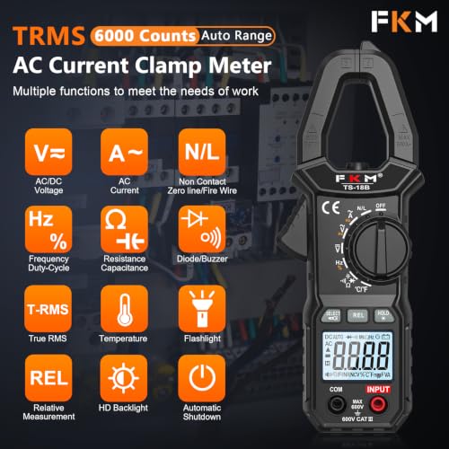 FKM Clamp Meter,TRMS 6000 Counts,Digital Clamp Multimeter Voltage Tester - color: Black-18B