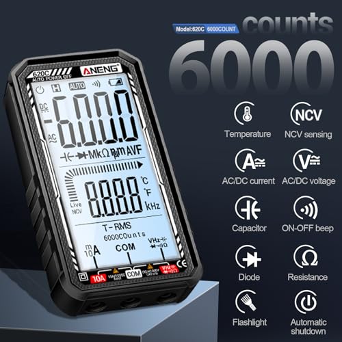 Digital Multimeter Tester, Smart Digital Multimeter 6000 Counts with Auto Ranging Digital Voltmeter Measures Voltage Current Resistance Continuity for Electricians,DIY (620C Black) - color: Black, size: 620C