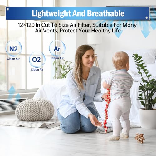 Air Vent Filters 20"X120", MERV 8 Electrostatic Cut to Size Floor Vent Roll, Blue & White Cut to Fit Air Vent Filters for Home Floor, Ceiling, Refrigeration, HVAC Vent And More, Compression Packing