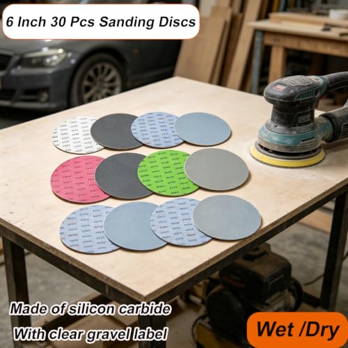 30PCS 6 Inch No‑Hole Wet Dry Sanding Discs, Hook and Loop 1000‑5000 Mixed Grit Silicon Carbide Sandpaper for DA/Orbital Sander, Fine Polishing for Automotive, Metal, Resin - size: 6Inch-30PCS
