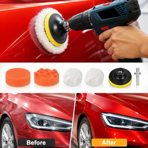 6Pcs 3" Wool Polishing Pad Kit with M10 Drill Adapter, Drill Buffer Attachment for Car Polishing Waxing, Foam Buffing Pads Set for Auto Detailing, Headlight Restoration, Metal Wood Resin Glass Surface