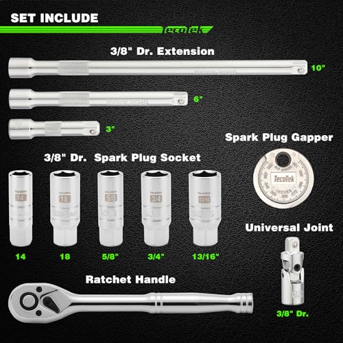 TecoTek 11-Piece Spark Plug Socket Set with 3/8" Drive Ratchet Handle, Spark Plug Gapper, Universal Joint and Extension Bar, 5/8", 3/4", 13/16", 14mm, 18mm, CR-V Sockets with Rubber Retaining Rings - size: 11PCS Spark Plug Socket Set with Ratchet Handle