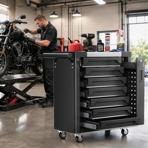 7 Drawer Tool Chest with Wheels, Exclusive 3-In-1 Tool Box Combo with Removable 4-Tire Utility Cart, Locking Mechanic Tool Cart with Liner for Warehouse, Workshop, 27”W x 13”D x 30”H -2026 New Upgrade - color: Black, size: 7-Drawers