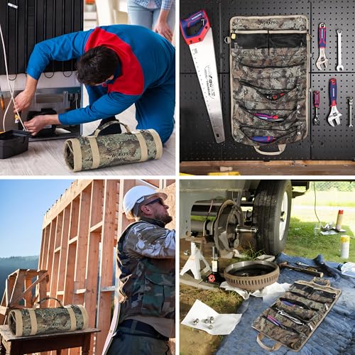WORKPRO Roll Up Tool Bag, Tool Roll Organizer, 4 Pockets & 2 Pouches, Camo - color: Camo